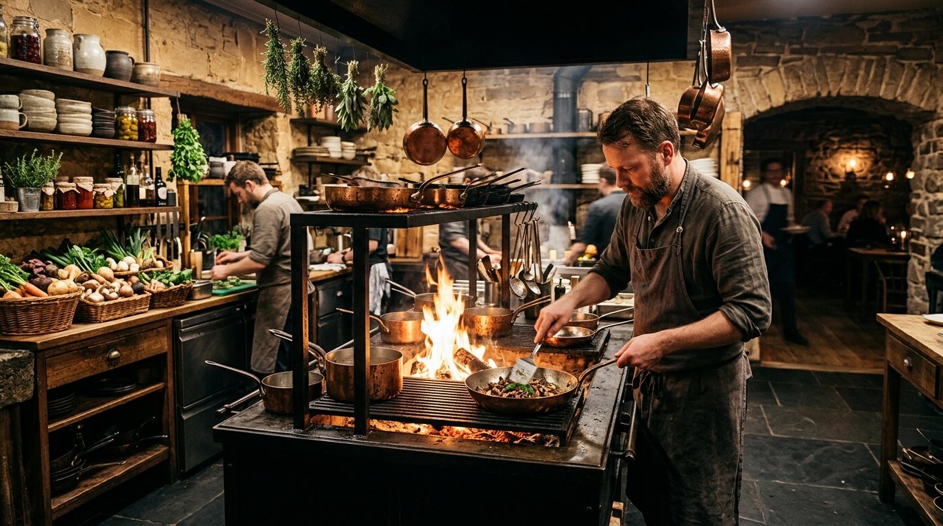 The open fire kitchen at Eld & Björk, preparing an online order